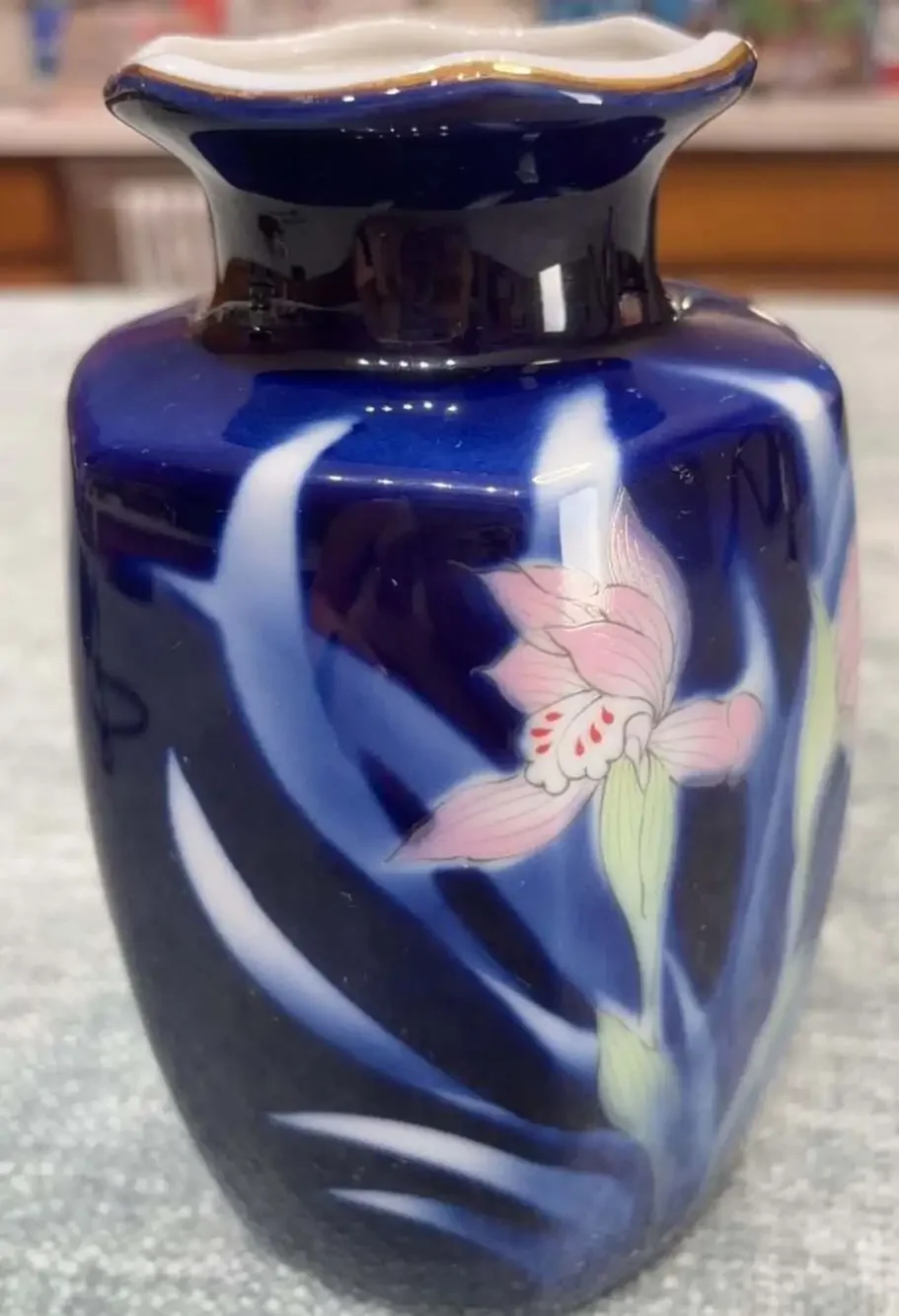 Pier One Japanese Cobalt Blue Porcelain Floral Vase 6 Inch
